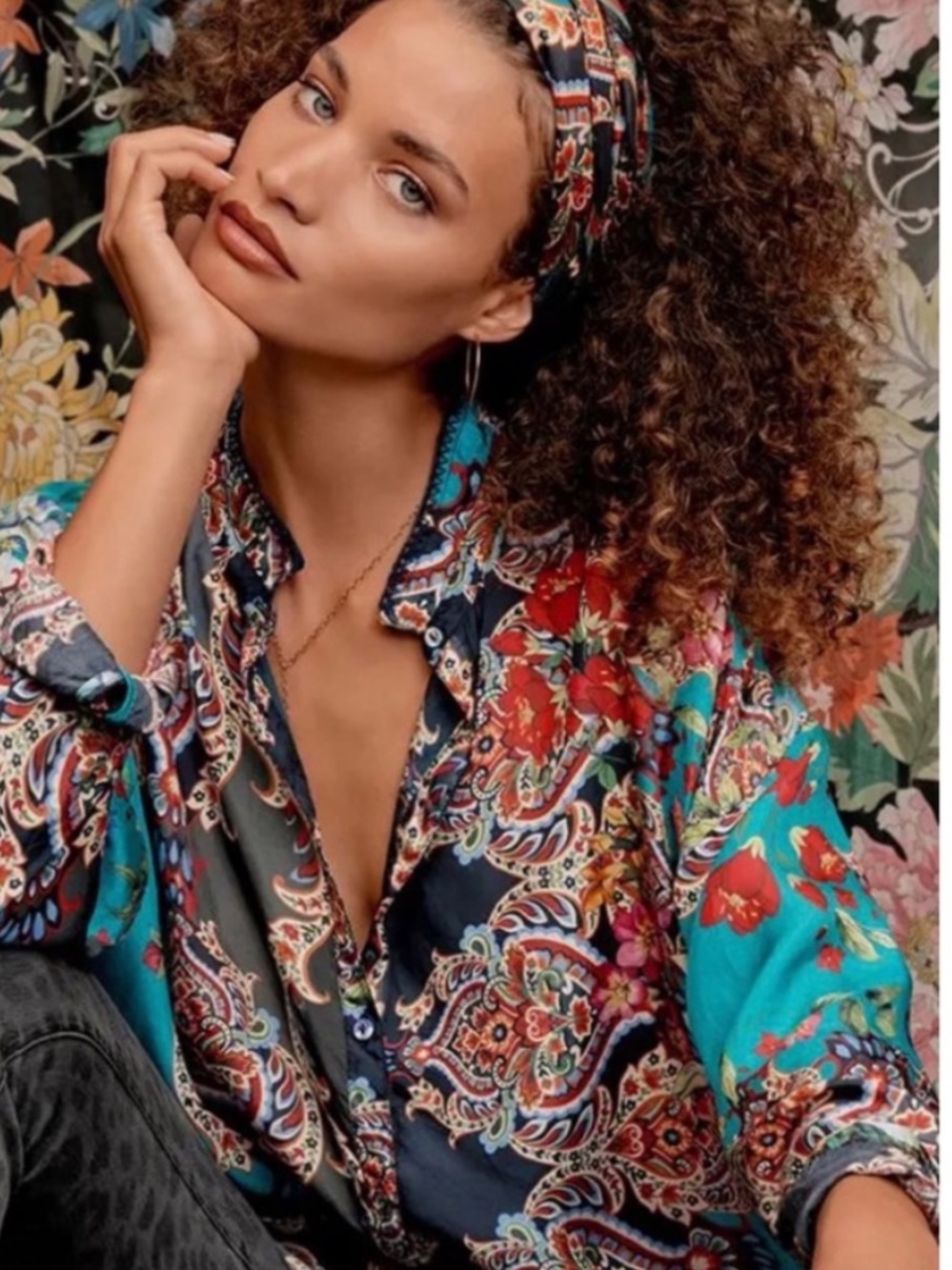 Johnny Was Candice 100% Silk Button Down Tunic Blouse NWT New Large L